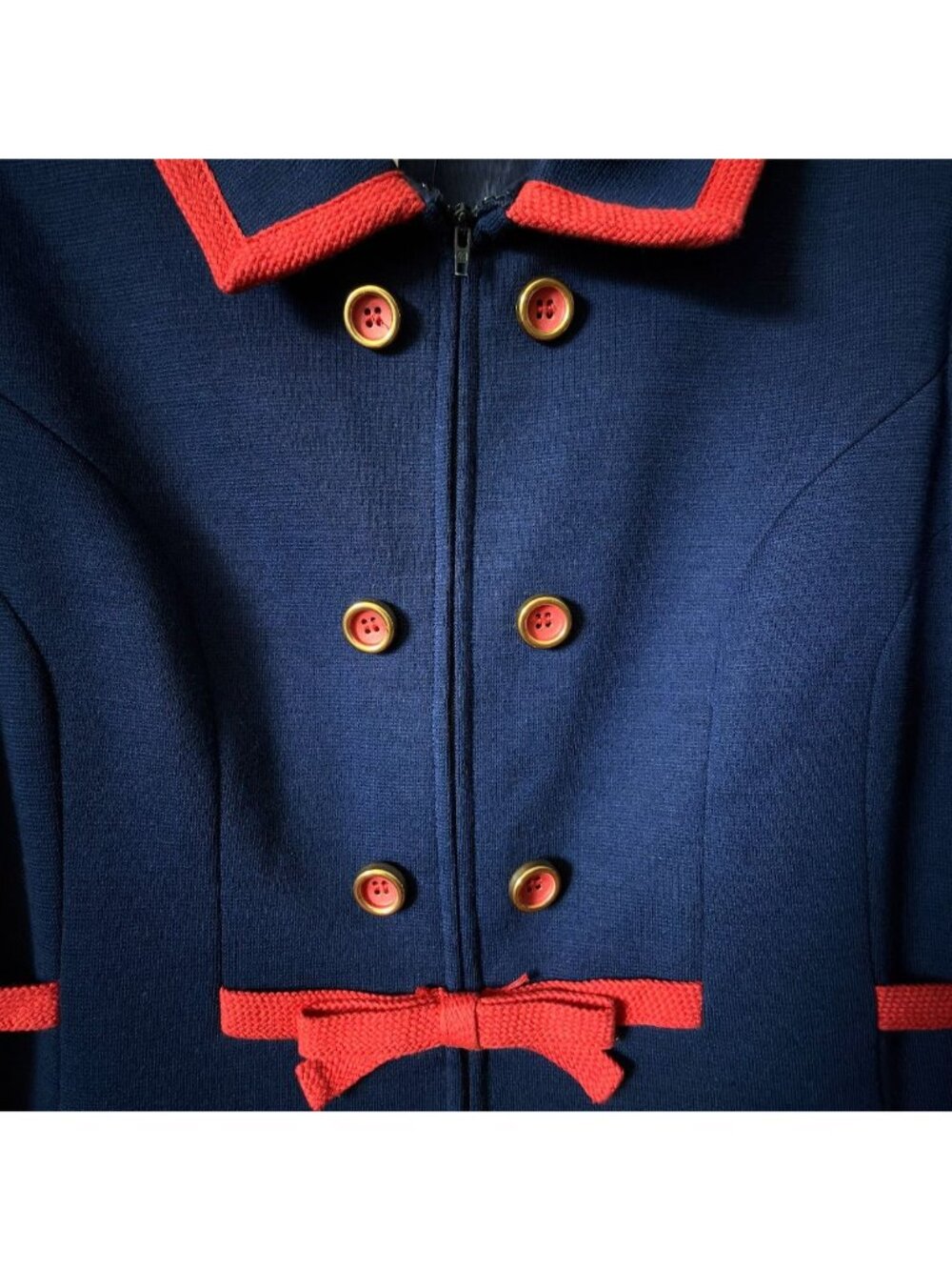 Vintage Rona Coat Dress Medium Worsted Wool Acetate Navy Blue w Red Trim As Is - Picture 5 of 16
